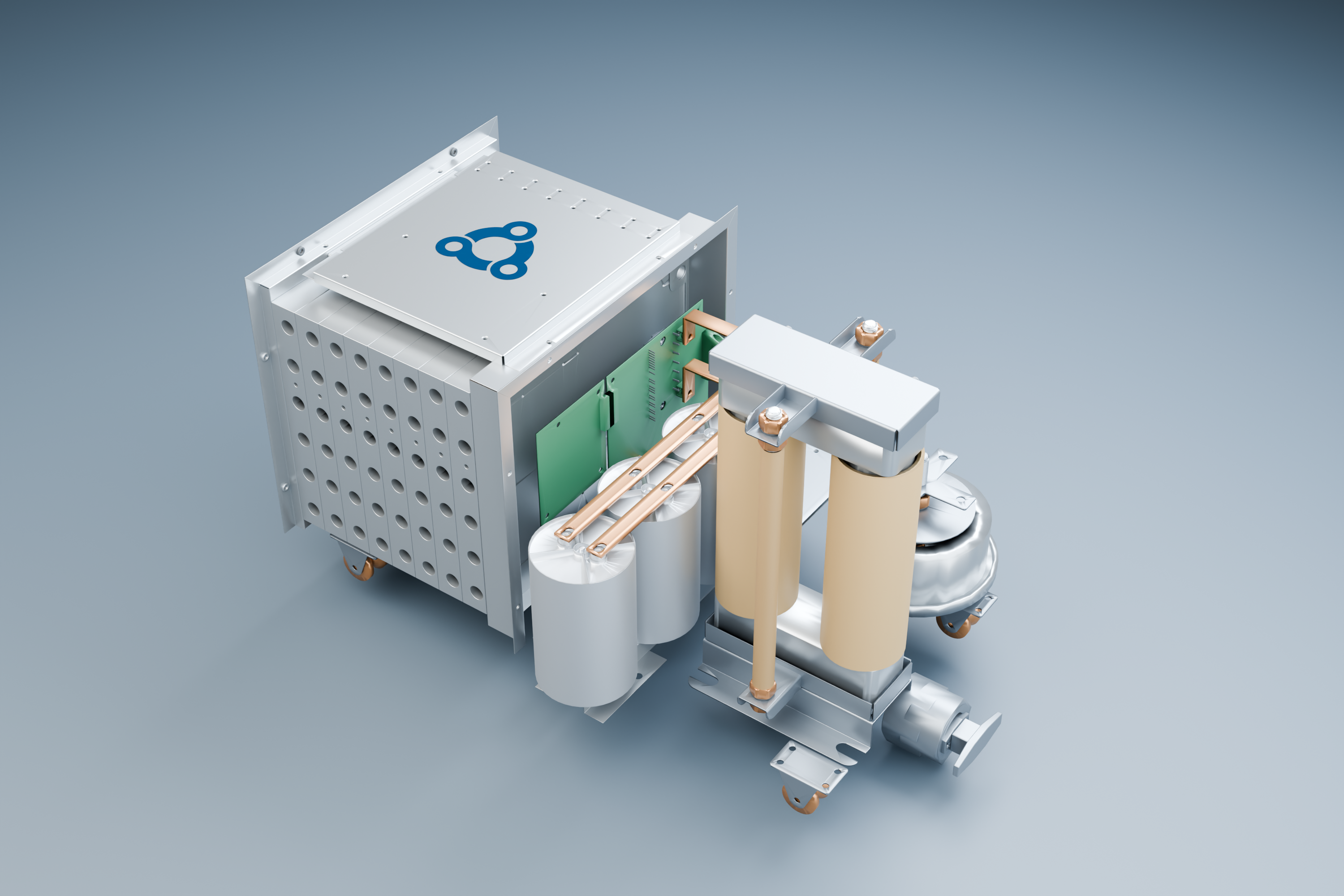 Accurate Ozone product concept showing a metallic assembly with copper connections and the blue Accurate Ozone logo.